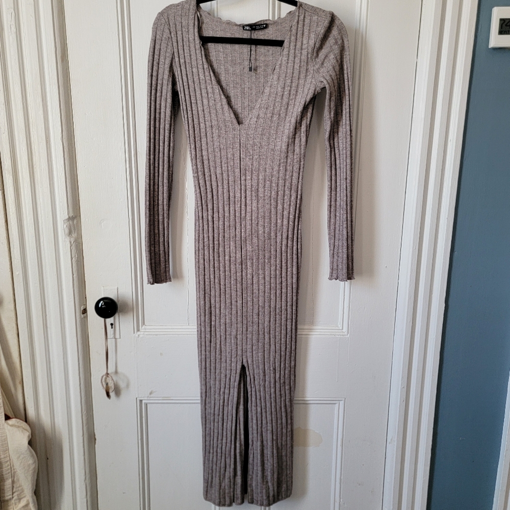 Zara Gray Ribbed Knit Dress Small NWOT